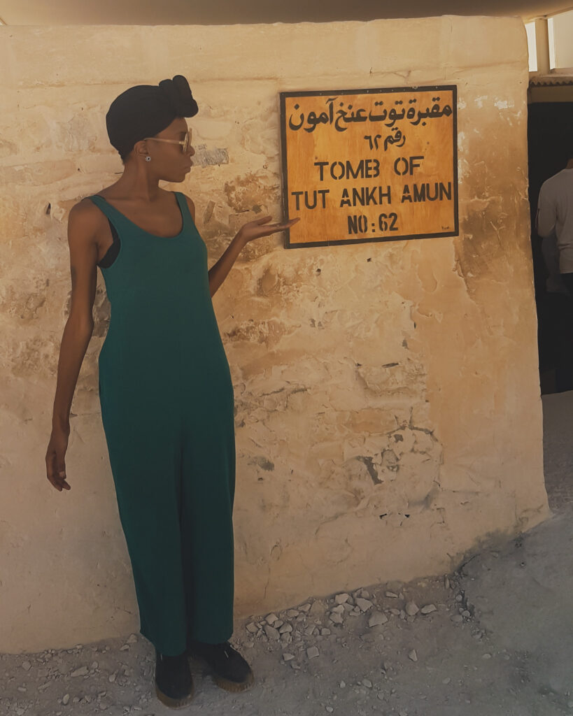 Outside the tomb of Tutankhamun.  As a black woman travelling solo we get to connect with our rich history